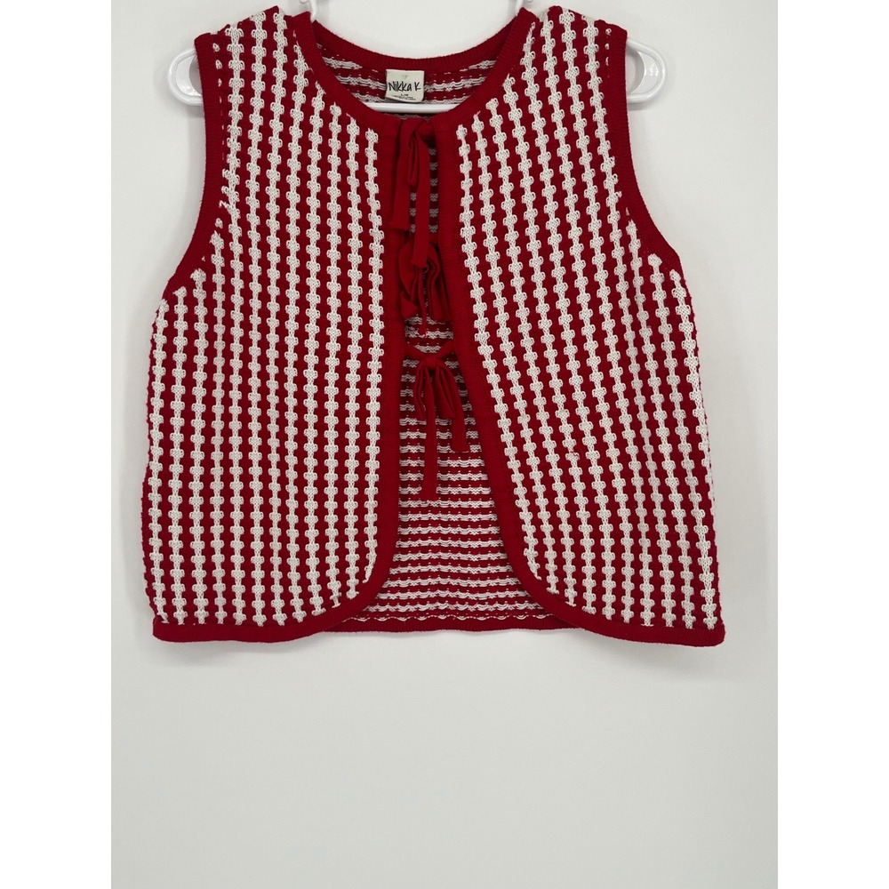 Nikka K Striped Tie Front Knit Sweater Vest Women L Red White Shabby Chic Retro